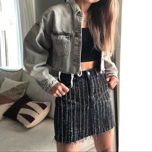 Crystal stone fringe black denim mini skirt